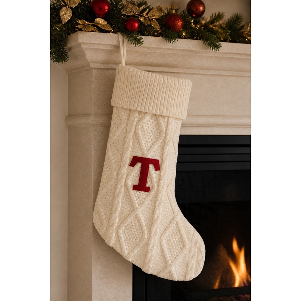 NEW Cream Cable Knit Monogram "T"Christmas Stocking Holiday Decor